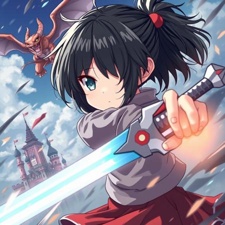 ((Top Quality, 8k, Masterpiece: 1.3)), (Photos, real:1.5), 美女、idol, imouto, kawaii, ((petite)), ultra-detailed face, students, unkempt black hair, armed clothes, skirt, ultra-detailed eyes, (soft), ((petite)), (((A fighter jumping high in the air, preparing to strike))), ((Fiction, A dragon flying over a castle, battling a brave Magical girl with a glowing sword)),  close-up, professional photograph,