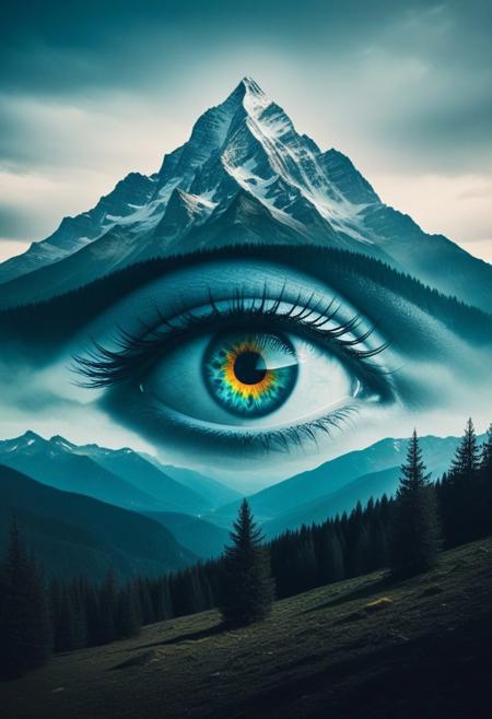 mountain, surreal,  double exposure, dark and moody ,colored all seeing eye,film grain,high quality,  dramatic ,poster