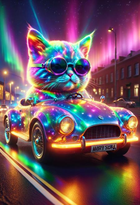 morph-aurora, cute small classic sports car, cat driving on, wear round goggles, wear animal ears helmet, extreme closeup shot, from side, run through on city road, (rainbow Aurora texture:1.3), cinematic, cinematic lighting, (masterpiece, best quality:1.4), ultra-high res, 4k, insanely detailed, sfw,