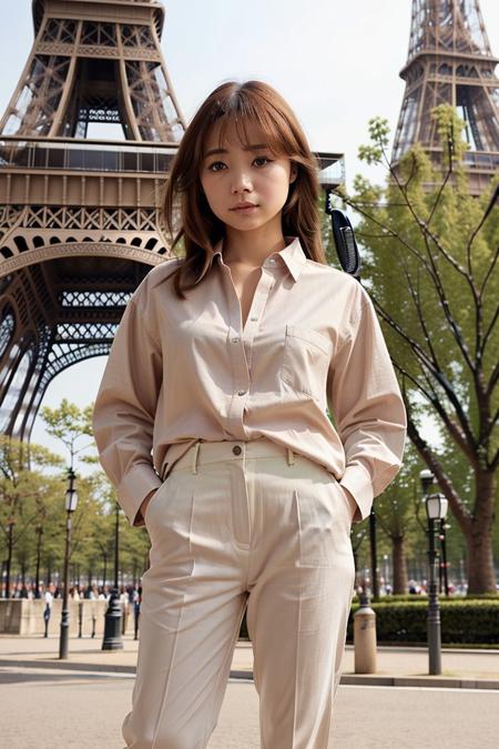 <lora:jpmana_obj20:0.7>, full_body, standing, sandals, (shirt), pants, (eiffel tower), (jpmana: 1.3), perfect face, (contact iris: 1.1), pale skin, skin pores , depth of field