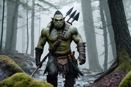 an orc spearthrower with green skin, wearing a leather harness, holding a spear, solo, from the Darkridge Clan, with dark gray armor and ridge-like tattoos, a dark forest with twisted trees, foggy air, scattered leaves, detailed background, butchering meat, using a cleaver, tired, eyes drooping, dynamic angle, wide shot, a hunting expedition with orcs tracking, worgs running, forest rustling, two small axes, nearby, on an icy slope, slippery surface, rainy, steady rain, muddy ground, overcast sky, dawn, soft pink and orange hues, early light, fresh air, best quality, vibrant colors, realistic style, high detail, high-definition, hyper-realistic, extremely high-resolution details, fine texture, incredibly lifelike, realistic, not cartoon, not drawing, highres, 4K resolution, source photo, realistic photo, masterpiece, best quality, amazing quality, very aesthetic, ultra-detailed, detailed textures, natural lighting, soft light, forest green tones, deep greens and browns, sunlight, bright natural glow, wide shot
