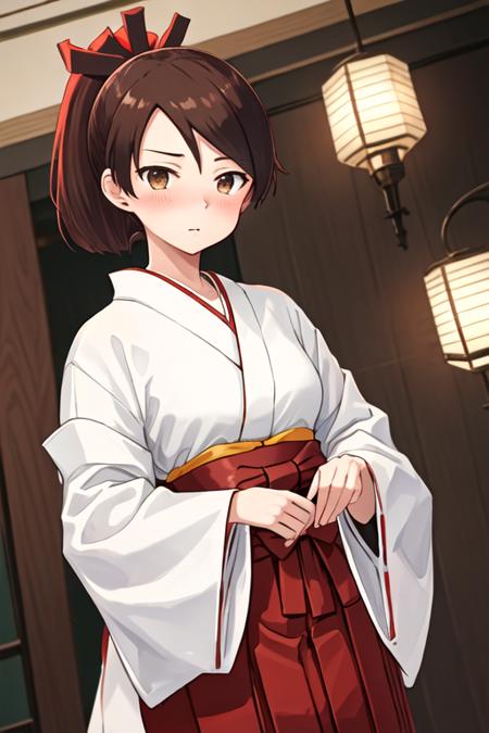 best quality, masterpiece, highres, solo, {white kimono:1.35}, {red hakama:1.35}, {wide sleeves:1.20}, {shikinami_kantaicollection:1.15}, brown_hair, ponytail, brown_eyes, short_hair, hair_ribbon, ribbon, serafuku, blush