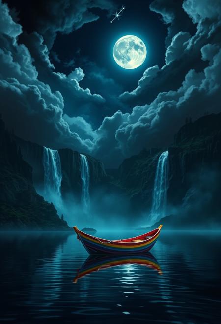 Under the eerie glow of a full moon, a dark and ominous landscape unfolds. A vibrant, colorful boat floats on the serene lake, its vivid hues contrasting starkly with the foreboding atmosphere. In the background, a waterfall cascades down jagged rocks, the water glistening in the moonlight. Thick, swirling clouds loom overhead, adding to the sense of an evil presence. The moonlight filters through the clouds, casting an otherworldly glow over the scene. A falling star streaks across the sky, adding a touch of mysticism to the night. The air is thick with a sense of ancient secrets and dark magic, as if the very night is alive with hidden power. As daylight breaks, light glows on the landscape, illuminating the boat and the surrounding scenery with a surreal brightness. romantic impressionism,dream scenery art,beautiful oil matte painting,romantic,style of thomas kinkade,beautiful digital painting,anime landscape,romantic painting,dreamlike digital painting,colorful painting,beautiful gorgeous digital art,style of greg rutkowski,janek sedlar,jenny saville: