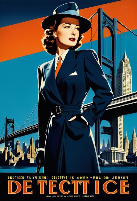 pop art, Stylized, elegant, gorgeous, A movie poster for a film about a 1940's woman detective. The background is a detailed matte painting of a futuristic city with tall buildings and a bridge. The city has a deep color palette with complementary colors of blue and orange. The foreground contains the Mature Woman Detective Dressed In A 1940's Trenchcoat, blazer, shirt and tie, and the Actress, Margaret Kelly. The text "Starring Margaret Kelly" and "Directed by Margaret Kelly" are displayed below the image. The overall image has intricate detail and is a splash screen. The resolution is 32k.