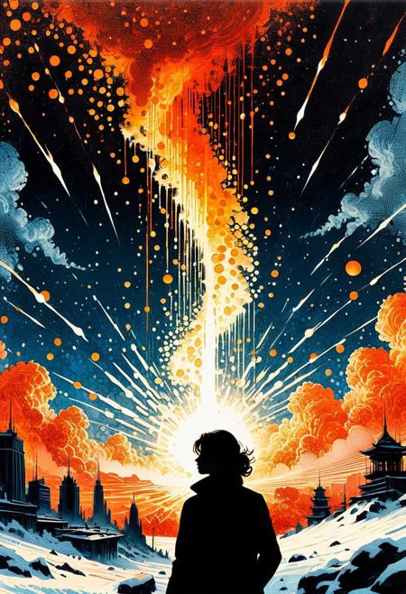 Silhouette Art, breathtaking detailed, masterpiece, lovely, charming, awe-inspiring, radiant, magnificent. (all dark hues and fine vibrant orange glowing smoldering accent and shiny gold color scheme:1.02). glossy.
<lora:InkArtXL_1.2:0.4> <lora:FaeTastic:0.35> . award-winning, professional, highly detailed . extremely high-resolution details, photographic, realism pushed to extreme, fine texture, incredibly lifelike, high contrast, well defined .
Silhouette, Pointillism multicolored pin point clumped needle thin dots grainy collage stencil texture style, Angled slanted 2 point perspective visual depth back shot pointillism gust white snow pointillism dot particles partially covering woman, cyan pointillism water dots dripping down smaller dot circles ceiling pointillism dot white icicles, orange glow emanating, wind gust snow dots pointillism white wind patterns, capturing motion, semi-realistic Minimalist vector illustration, futuristic, sharp angular designs, bold red background, intense expression, modern urban style, clean lines, high contrast between black, white, and red, sleek futuristic aesthetics. (in the style of Frank Frazetta painting) Dean Cornwell, design, 1970s, Russian Constructivist style, double exposure, volumetric lighting, expressive, ancient starchart, ink spattered background, warm colors, space, art deco, splatter, Japanese Woodblock print, planar rectilinear shapes, extreme energy, dynamic posing, Dutch angle, black, Crimson