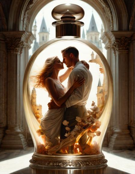 (by Bastien Lecouffe-Deharme:1.1) , fantasy art, Refined Couple inside a Perfume bottle, Summer, detailed, masterpiece, broad lighting