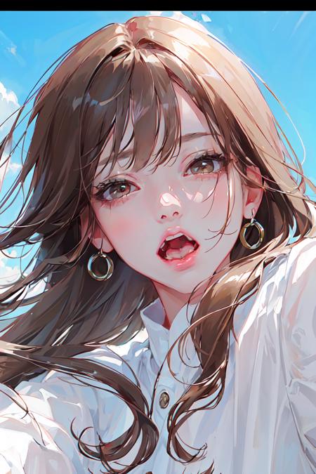 masterpiece, intricate detail,best quality,  <lora:BM94199:0.8>1girl, solo, open mouth, long hair, looking at viewer, brown hair, bangs, letterboxed, brown eyes, sky, teeth, portrait, eyelashes, lips, blue sky, close-up, day