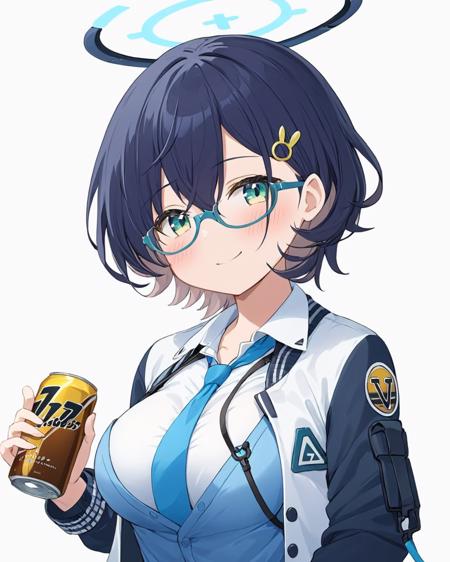 chihiro \(blue archive\),1girl, solo, glasses, wristwatch, white_background, looking_at_viewer, simple_background, blue_necktie, upper_body, white_shirt, rabbit_hair_ornament, holding_can, collared_shirt, smile, blush, two-tone_jacket, halo, closed_mouth, long_sleeves, under-rim_eyewear, open_jacket, breasts
<lora:chihiro_(blue_archive)_image606_2023-11-26-000015:1>halo. gorgeous,key visual, vibrant, studio anime,award-winning, professional, highly detailed,high budget, cinemascope