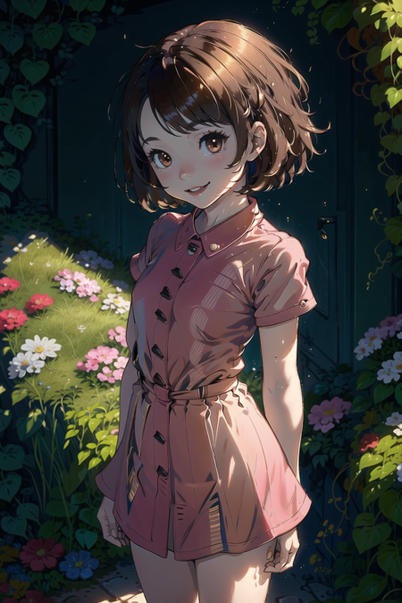 masterpiece, best quality, <lora:GloriaLora-10:0.7>, gloria \(pokemon\), pink dress, smile, english countryside, english cottage, (AS-Younger:1.3), 1girl, solo, brown eyes, standing, short sleeves, buttons,