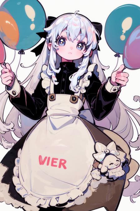 masterpiece, best quality, extremely detailed, detailed background, detailed face, 1girl, balloon, long hair, dark skin, solo, dark-skinned female, holding, bow, dress, hair bow, looking at viewer, holding balloon, white background, wings, bangs, long sleeves, english text, white hair, simple background, apron, very long hair, closed mouth, grey eyes,