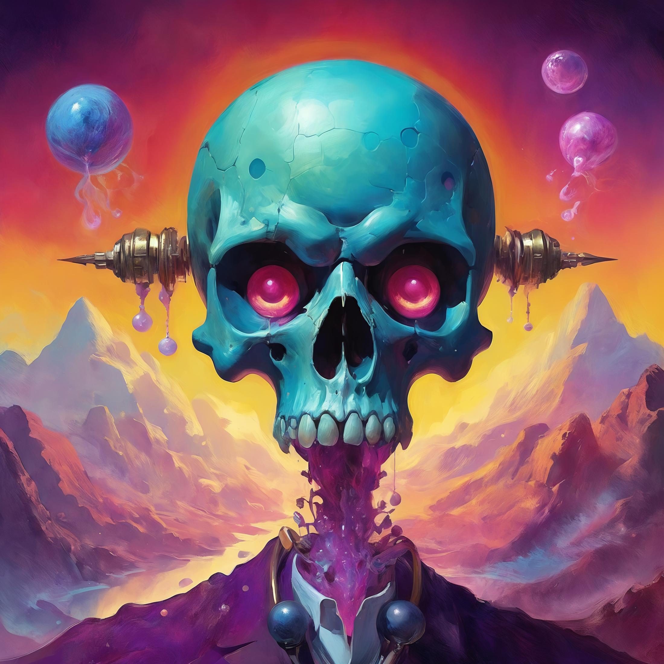 A blue skull with red eyes and a purple tongue, surrounded by bubbles and a mountainous background.