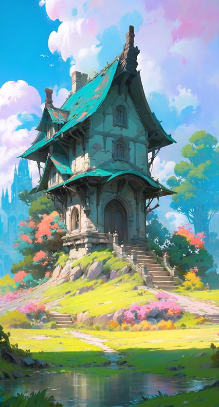 fantahouse, scenery, sky, outdoors, tower, day, no humans, cloud, blue sky, castle, tree, fantasy, grass, building
 <lora:fantahouse-noise:1>