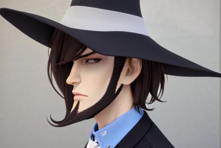 <lora:Jigen1:0.8>, 1boy, Jigen Daisuke, beard, hat, black hair, white necktie, blue shirt, black jacket, fedora, (hidden eyes:1.1), from side, portrait, (3d:1.3)