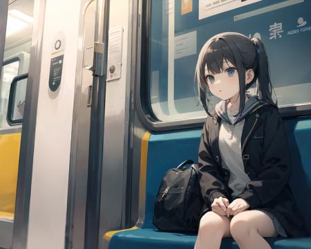 (masterpiece, best quality),1girl sitting on a subway train, looking to the side, subway car door, from below, solo focus