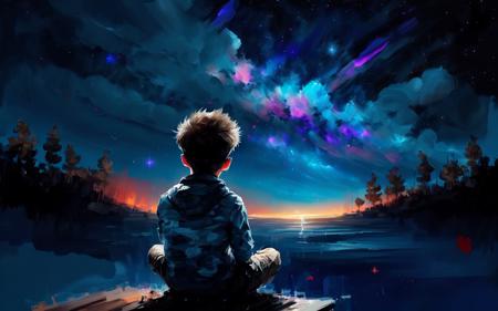 drybrush speed painting of a boy sitting and looking up at a stunning night sky, paint brush strokes+, epic composition, vivid colors, stars