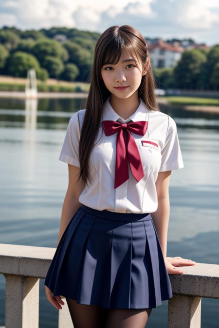 1 woman, 22yo, realistic, masterpiece, high detailed skin, looking at viewer, full body shot, scenic view, long hair, black hair
<lora:W&B_School_Dress_By_Stable_Yogi:1> school uniform, short sleeves, white shirt, blue skirt, red bowtie, pantyhose