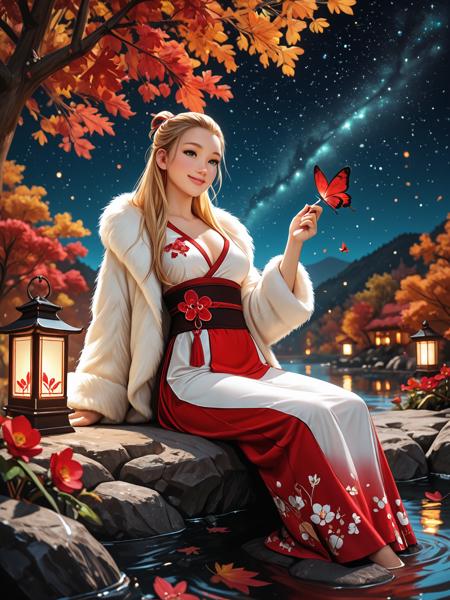 1 girl,SavanahK, blond hair, green eyes, medium breasts, 1 girl,SavanahK, blond hair, green eyes, medium breasts, realistic, photorealistic, beautiful,(plum blossom), red Butterflies,((autumn)),((red and white flowers)),(starry sky),(sitting),scenery,lantern,(starfall),1girl, solo, from below, lake, victory pose, hair pulled back, fur coat, long skirt, smile,