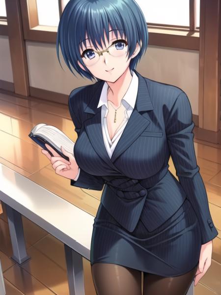 (hyper extreme detailed),(masterpeace),(hyper extreme),(photorealistic),CG,(colour:1.2), beautiful lighting,light from the front, solo, smile, <lora:Izawa_Ritsuko:0.8>,Izawa_Ritsuko,short hair,blue hair,blue_eyes,suit,pencil_skirt,pantyhose,