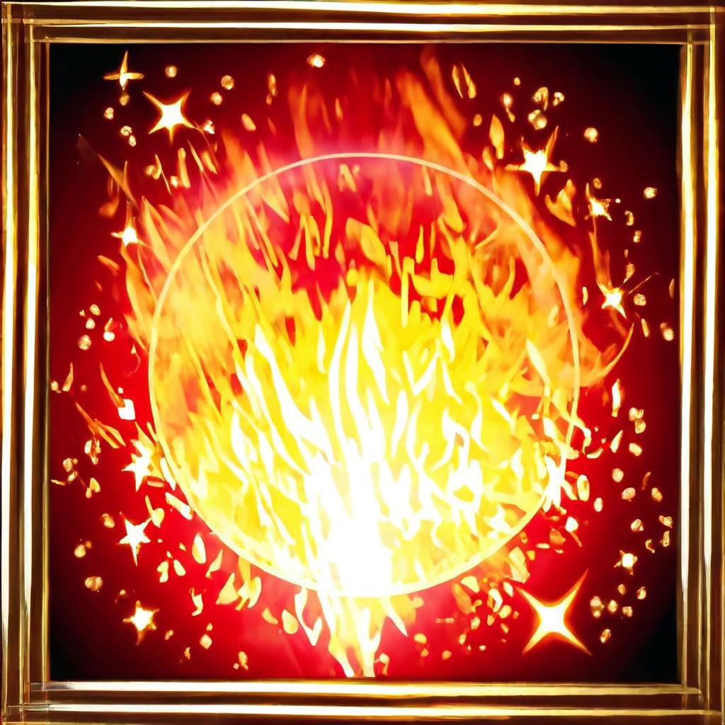 Black to red gradient background, golden frame, fireball flyes, covered in flame, sparks, golden stars, magic, casting spell