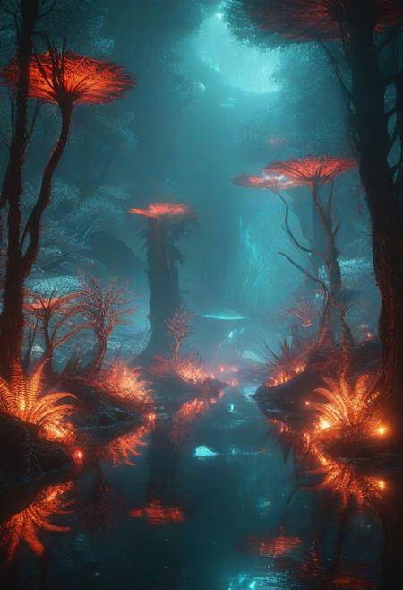 Ultrarealistic. sharp focus, dynamic lighting. play of light, reflection, refraction, Raytracing, Ultra detailed. Alien themed. Alien scenery. alien scenery background. alienworld. An alien fire dragon surrounded by ice.enchanting, cosmic, celestial, ethereal, vibrant flora, magical, luminous, serene, dreamy, radiant, bioluminescent, intricate details, surreal, enchanted forest