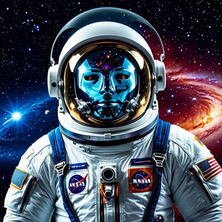 space, wearing astronaut suit, galaxy reflecting on glass mask, best quality, detailed image, 4k, 8k