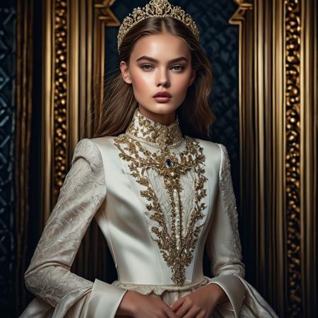A stunningly lifelike portrait captures a 18-year-old fashion model girl with beautiful European features. She is adorned in a high-end fashion outfit, set against a dramatic background. The image, exudes cinematic colors and a photographic style. Every detail of her appearance is meticulously executed, showcasing her elegance and allure. The overall composition is a true masterpiece, elevating the beauty and sophistication of the nudity.