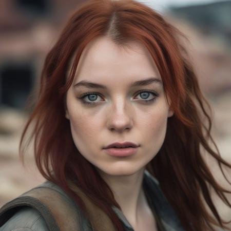 <lora:esme_sdxl:1> esme,, a close up portrait photo of 26 y.o woman in wastelander clothes, red hair, pale skin, detailed skin, tan, (freckles:.5),  slim body, background is city ruins, (high detailed skin:1.2), 8k uhd, dslr, soft lighting, high quality, film grain, Fujifilm XT3