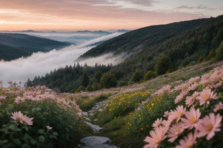 raw photo, a sunset landscape, Carpathian mountains valley temperate forests, Poland forest,  cozy, photorealistic, high detailed texture, 8k uhd, dslr, soft lighting, high quality, film grain, Fujifilm XT3, Sony A7 IV, highly detailed photography, (muted colors, cinematic, dim colors, soothing tones:1.2), vibrant, insanely detailed, hyperdetailed, (dark shot:1.2), (vsco:0.3), (intricate details:0.9), (hdr, hyperdetailed:1.2) (highest coherency: 1.39) (highest quality: 1.39) (rule of Thirds) (award winning) (breathtaking) (masterclass) (vibrant color: 0.79) (foggy: 1.09) (distant hillside) (spring flowers) (sharp focus forground) (detailed european flower: 1.39) (tall cliffs in distance; 1.19)