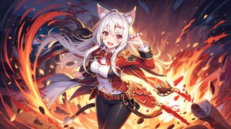 1girl, animal ears, solo, long hair, red eyes, fire, blood on face, white hair, blood, animal ear fluff, looking at viewer, very long hair, long sleeves, hair between eyes, bangs, teeth, pants, black pants, shirt, extra ears, parted lips, cowboy shot, hair intakes, breasts