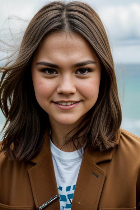 m4i4itch311, brown eyes, teeth, smile, t-shirt, (brown coat:1.3), blue jeans, belt, outdoors, ((pier facing the ocean)), <lora:Maia_Mitchell_PMv1_Lora:1.3>,, ((Portrait Photography)), RAW candid cinema, 16mm, color graded portra 400 film, remarkable color, ultra realistic, textured skin, remarkable detailed pupils, realistic dull skin noise, visible skin detail, skin fuzz, dry skin, shot with cinematic camera