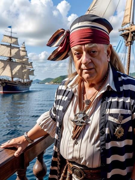p1r4t3s Rodney Dangerfield as mate, striped shirt, bandana,  ship <lora:p1r4t3s_v2:1>