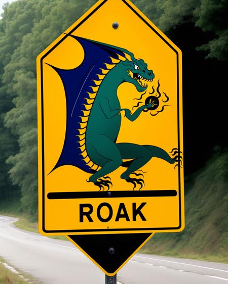 a road sign , Beware of Sneezing Dragons:1.2, a playful road sign depicting a dragon in the midst of a mighty sneeze, adding an element of fiery humor to the road ahead. , road_sign