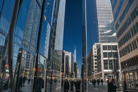 A city skyline is mirrored in the glass facade of a towering skyscraper, its sleek surfaces capturing the hustle and bustle of urban life in a symphony of light and shadow. The reflections dance and flicker with the passing of cars and pedestrians, creating a dynamic tableau that blurs the lines between the real and the imagined.