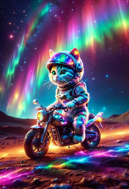 morph-aurora, closeup astronaut cat, riding on cute small motorcycle, thumbs up, wear round goggles, wear animal ears helmet, extreme closeup shot, from side, run through on space planet ground, space background, (rainbow Aurora texture:1.3), cinematic, cinematic lighting, (masterpiece, best quality:1.4), ultra-high res, 4k, insanely detailed, sfw,