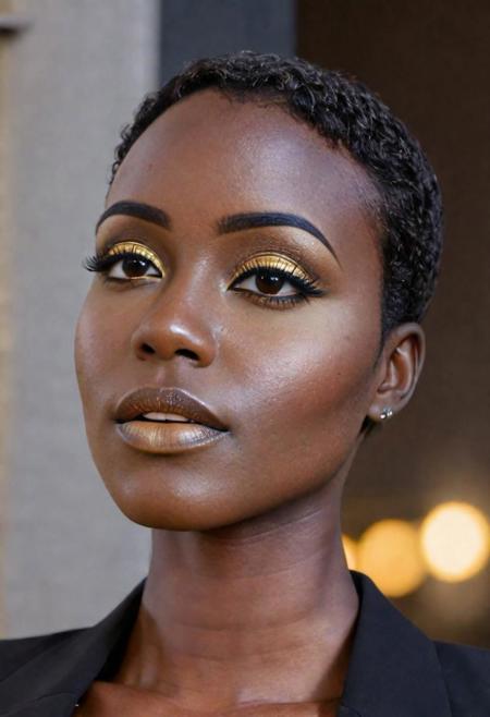 an eye contact of a Ugandan woman, (black skin:1.3), yellow spotlight, dark theme, lonely, Lavish, Matte black eyeshadow with a cut crease, metallic lipstick, golden ratio, Almond-shaped eyes, Freckles, indietronica, soft lighting, bokeh, selfie at work, strong feminine, business, office, (formal clothing:1.2), cleavage, 20 Years old, Skinny, Busty thighs, Bangs, beautiful, sports photography, nice tits, wide hips, slim waist, thick, big ass, horny, fitness, gym, nike leggings, camel toe, exercise clothing, wedgie, oiled, tight, brown hair,