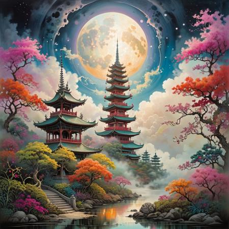 Zentangle extreme effect, landscape with Variegated splashes of color,
big full moon, Light transparent clouds, Light fog, Buddhist Pagoda,
fantastical surrealism by Daniel Merriam, Joe Fenton,
ral-cnvctncrnts  <lora:ral-cnvctncrnts:0.25>, 
painted world <lora:Painted World:0.5>, 
fractalvines  <lora:Fractal_Vines:0.5>