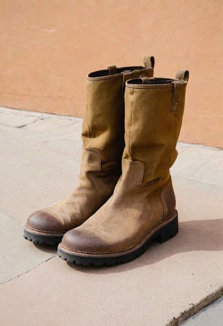 A plain, everyday visual of a minimalist, large, brutish ogre wearing dull, matte, oversized boots made of plain fabric, with simple designs, on a mundane, earthy, narrow path. Basic, flat art, practical design, wide shot, simplistic, lacking color depth, understated, direct overhead lighting, monochromatic background, with minimal details, plain colors, matching colors, shallow color, realism, traditionalism, low resolution, clear focus, mundane, colorless, simplistic, elemental, rugged, inelegant, basic, earthly, unremarkable, water-like, minimalist, hologram-free, ogrecore, industrial