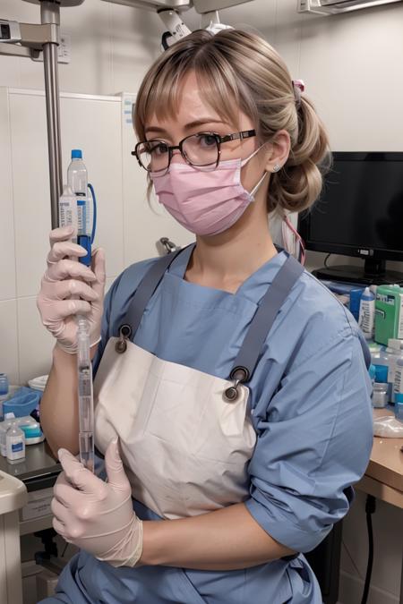 (RAW photo, best quality), operating room, overhead surgical light,blurred background, focused, dithering,backlighting,
<lora:Kimune Honda:0.35> kimune honda, 3dcg_14, 1girl, blush, bangs, blonde_hair, low twintails, parted bangs, large breasts, grey_eyes, glasses, twintails,
 <lora:looking_syr_V1.0:0.8> looking_syringe, gloves, holding, surgical mask, holding syringe,doctor,