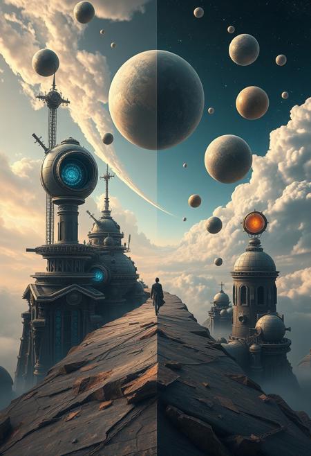 A surreal composition with a distinct split, showing an elongated figure walking amid biomechanical structures, floating spheres, and glowing orbs in an infinite sky. Hyper-realistic textures, gold, blue, and bronze accents create bold areas within the divided sections.  The scene showcases cosmic symbolism and metaphysical undertones.