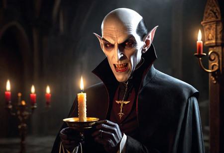 a photorealistic dark concept art of a vampire holding a candle, inspired by Gregorius Sickinger and the style of Nosferatu, with a dimly lit scene and an elegant horror atmosphere, incorporating elements inspired by Juliusz Kossak, Wojciech Kossak, and Marius Borgeaud.