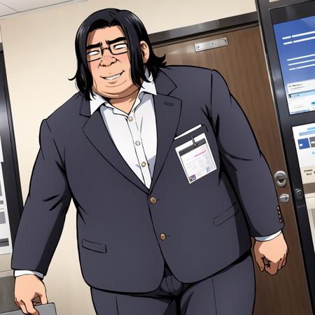 kimootasenpai,1boy,black hair,medium hair,eyewear,fat man, school_uniform,