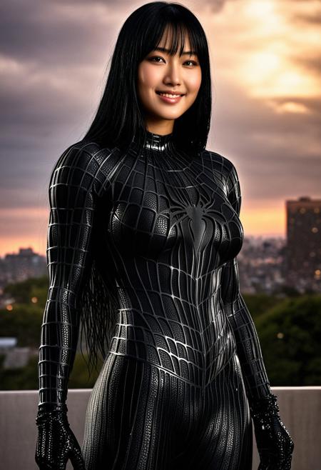 score_9, score_8_up, score_7_up, best quality, realistic, masterpiece, beautiful detail, hyperrealistic, cafe, ((1girl, woman body, huge breasts)), amazing detailed full body portrait of a beautiful japanese girl, wearing a realistic and highly detailed black raimi spider-man suit, ((huge muscular girl)), professional model wears ultra - detailed black raimi spider - man suit, ultra - detailed and grained black raimi spiderman suit, suit covered entire body and hand, black spiderman gloves, wet, (full body), (chilling pose), smile, black hair, octane render, highly detailed, volumetric, dramatic lighting, (highest quality:1.1), (HDR:1.3), (top quality, best quality), realistic, high definition, Expressionism - sharp focus, professional photography, masterpiece, ultra detailed photograph, high quality, 8k,