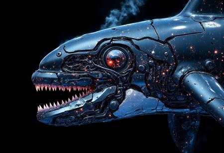 Close-up shot of cyborg, cybernetic killer whale, with torn flesh and partially open mouth, revealing sharp teeth, circuits, wires and conductors. Dark ocean depths background. Horror atmosphere, deep sea setting. Dramatic underwater lighting, photorealistic detail, especially on destroyed parts and circuitry to emphasize robotic components. Cinematic color grading: deep blues, chrome, glowing reds. 8K resolution, ultra-sharp focus on cyborg features. aidmaMJ6.1