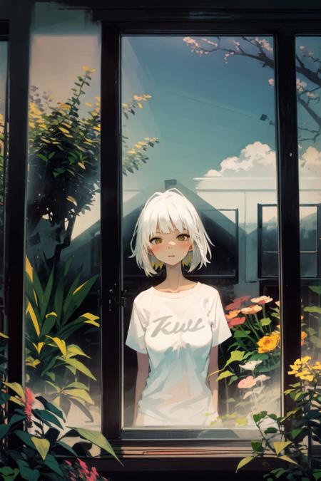 kukkastyle, scenery, overcast, in front of glass window, large window, Polianthes_tuberosa \(flower\), blooming flowers, plants, trees, sidelighting, mystic, mature female, white hair, micro bangs, yellow t-shirt <lora:kukka_style_v01:1>