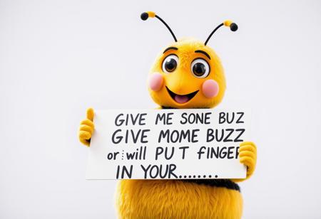 'Buzz the Bee' from Honey Nut Cheerios, , Holding sign that reads "GIVE ME SOME BUZZ or i will PUT my finger IN YOUR ..."