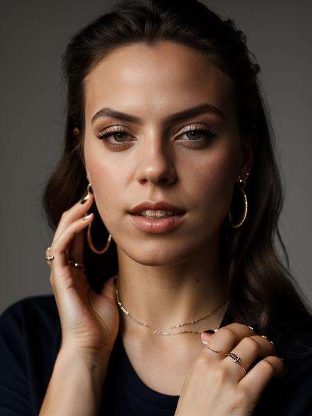 Realistic photo of a beautiful r3n33r woman, 1girl,solo,long hair,blonde hair,simple background,shirt,white background,brown eyes,jewelry,earrings,parted lips,teeth,nail polish,lips,sleeves past wrists,ring,portrait,black nails,realistic, soft lighting, professional Photography, Photorealistic, detailed, RAW, analog, sharp focus, 8k, HD, high quality, masterpiece<lora:r3n33r:1.0>