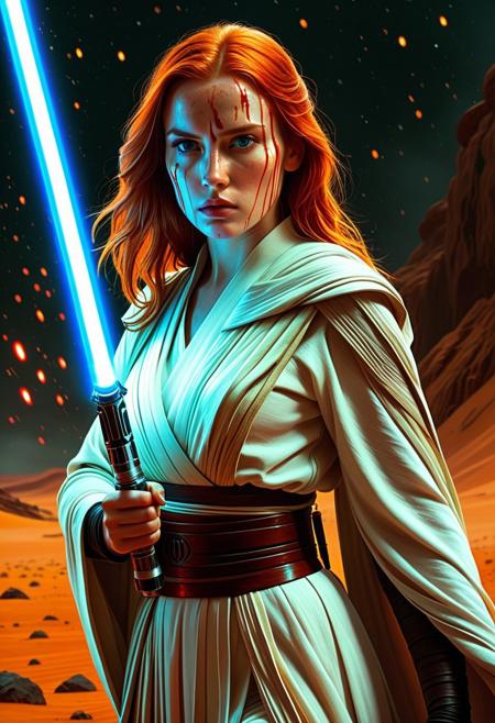 A beautiful Jedi Knight with wavy red hair Standing on the a bloody battlefield on Tatooine. Her white Jedi robe are intricately detailed and reflecting flickering light, Star Wars style, The light of battle illuminates her determined expression as she prepares to face the dark enemy, (holding the blue Lightsaber in his hand: 1.5), Close up. Star Wars art style, They stand on the battlefield against an army of Dark Sith where a bloody slaughter is taking place, (standing in a vigorous pose: 1.3), (direct eye contact: 1.3), whole athletic body, cinematic lightning, intricately detailed white and green Jedi robe, The scene is reminiscent of a Greg Rutkowski concept art piece, realstic blue eyes, realistic freckled pale face covered in blood, with dramatic lighting and a dark, curvy, looking at viewer, gritty atmosphere, Ultra-detailed, Raytracing reflections, High contrast, beautiful Jedi Knight, beautiful firm body, girl athletic figure, (very pale face: 1.3), oranges, and greens, attractive 21 years old woman, cinematic lightning, Cinematic film still, Medium shot. Best quality, Masterpiece, The scene is reminiscent of a Greg Rutkowski concept art piece, realistic pale face covered in blood, with dramatic lighting and a dark, gritty atmosphere, asymmetrical balance, adding to the intense and dynamic atmosphere of the scene