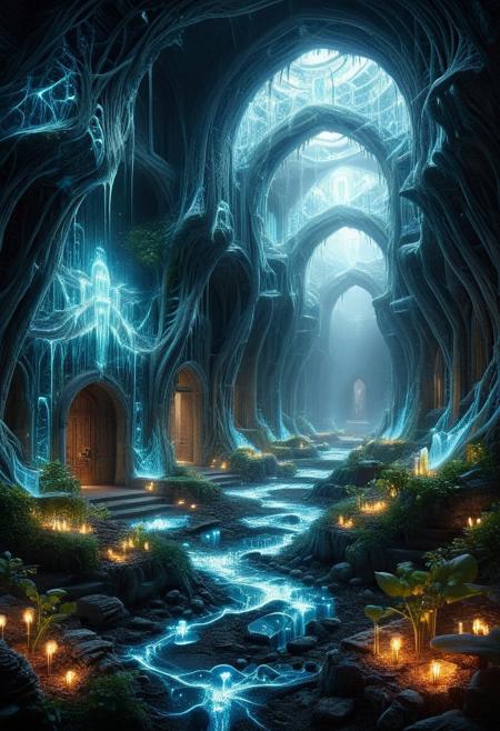 steel-vine monastery with nanite-swarm light sources, Industrial carbon-fiber grids, diamond-ice galleries in crystal-mesa badlands, Psionic mind-hive hives style,Landscape Biomechanical Baroque, atmospheric effects
