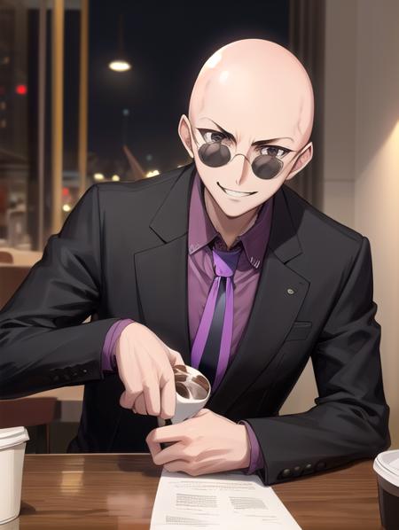 best quality, masterpiece, highres, detailed, perfect anatomy,  <lora:Detail - add_detail:0.2>,  <lora:Character - MasanoriV:0.8>, suit, jacket, necktie, purple necktie, sunglasses, graveyard, evil smile, bald, cafe, drinking coffee, black coffee,