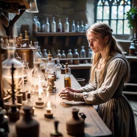 highly detailed analog photo of lab assistant working in a medieval laboratory,

solo, 1girl, solo, long hair, blonde hair, long sleeves, dress, indoors, blurry, window, profile, depth of field, table, ring , bottle, medium breasts, plant, quill,  (realistic:1.3), (medieval laboratory:1.1), (professional lighting:1.2)

masterpiece, best quality, 8k,
motion blur, intricate details, depth of field,

(analogue photography:1.1),
(shadow play:1.4),



